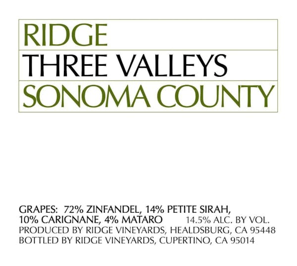 Ridge Vineyards Three Valleys Zinfandel 2019