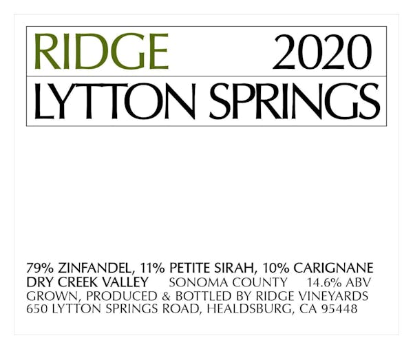 Ridge Vineyards Lytton Springs 2020